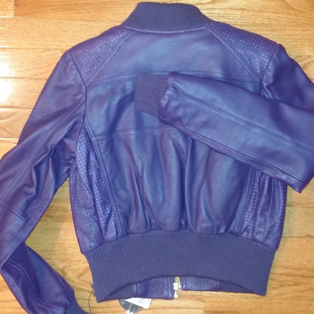 Knoles & Carter purple Italian Lambskin leather bomber jacket new size small - Picture 4 of 5